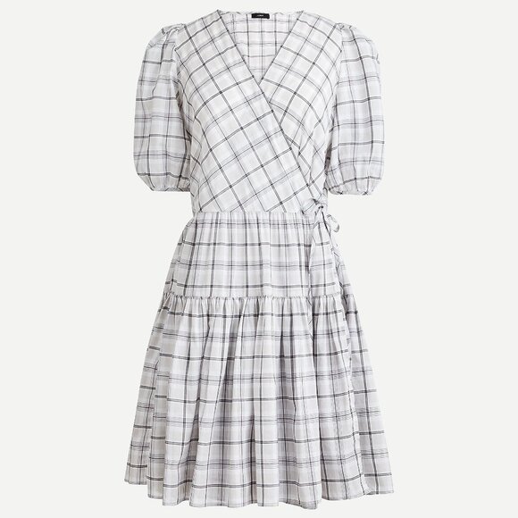 NWT J.Crew Oyster Plaid Puff Sleeve Wrap Mini Dress Cotton Voile M - Picture 2 of 9